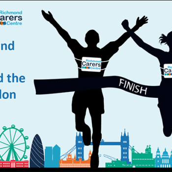 Edouard Guidon and Georgia Griffiths completed the 2026 London Marathon for Richmond Carers Centre. Image shows a male and a female runner crossing the finish line with a London skyline in the background.