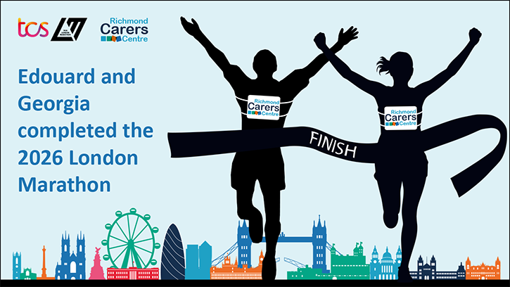 Edouard Guidon and Georgia Griffiths completed the 2026 London Marathon for Richmond Carers Centre. Image shows a male and a female runner crossing the finish line with a London skyline in the background.