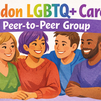 London LGBTQ+ Carers group banner. Illustration of four individuals sharing companionship