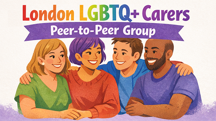 London LGBTQ+ Carers group banner. Illustration of four individuals sharing companionship