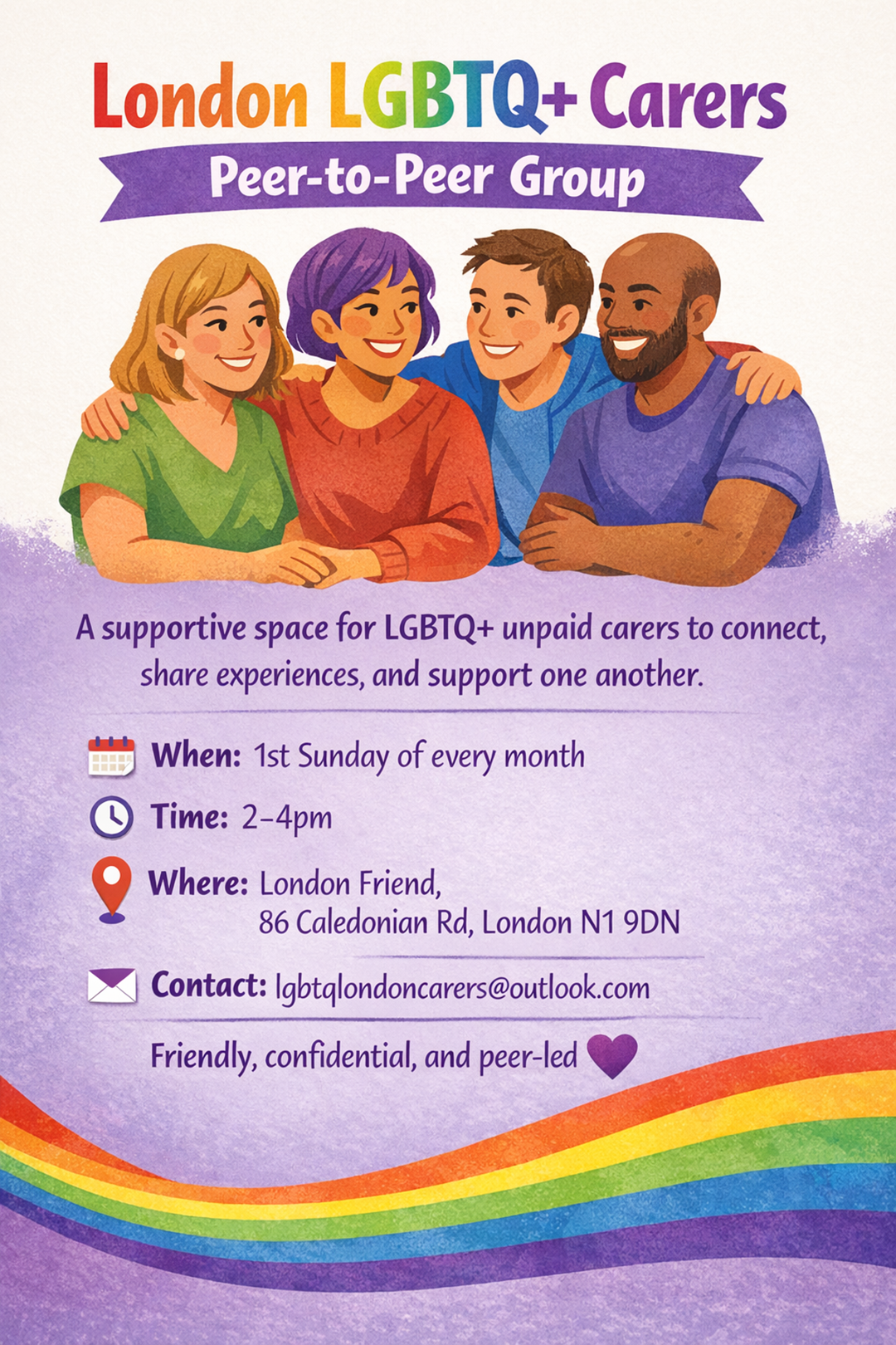 London LGBTQ+ Carers group flyer. Illustration of four individuals sharing companionship. Details of the meetings are on the flyer