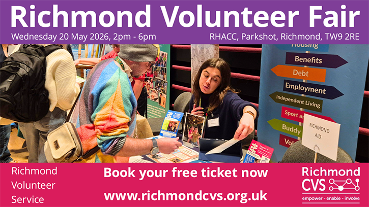 Man in bright coloured jacket and hat talking to stall holder at previous Richmond Volunteer Fair with other stalls and visitors in background – purple header with white text reads ‘Richmond Volunteer Fair, Wednesday 20 May 2026, 2pm – 6pm, RHACC, Parkshot, Richmond, TW9 2RE, white text on red background reads ‘book your free ticket now’, red footer with white text reads ‘Richmond Volunteer Service’ in left corner,’ www.richmondcvs.org.uk’ in centre and white Richmond CVS logo in right corner