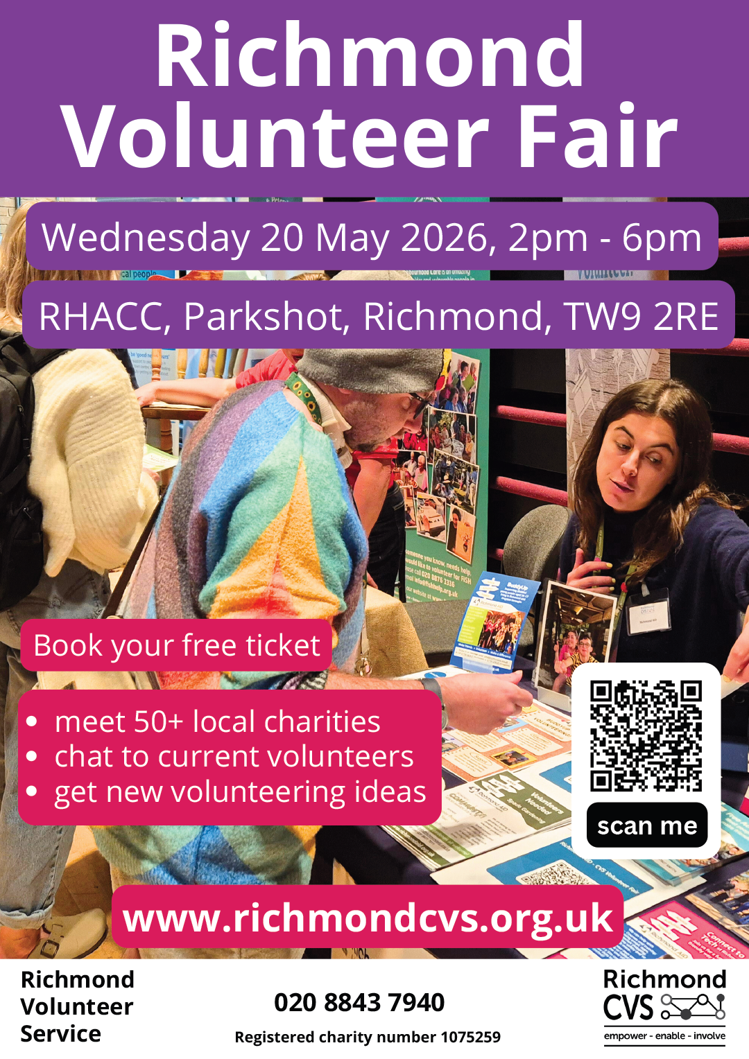 Man in bright coloured jacket and hat talking to stall holder at previous Richmond Volunteer Fair with other stalls and visitors in background – purple header with white text reads ‘Richmond Volunteer Fair, Wednesday 20 May 2026, 2pm – 6pm, RHACC, Parkshot, Richmond, TW9 2RE, white text on red background reads ‘book your free ticket now’, red footer with white text reads ‘Richmond Volunteer Service’ in left corner,’ www.richmondcvs.org.uk’ in centre and white Richmond CVS logo in right corner
