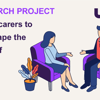 UCL research - Improve mental health support for families and carers banner. Illustration shows a man and a woman sitting in armchairs and chatting. Headline reads RESEARCH PROJECT Calling carers to help shape the future of mental health care