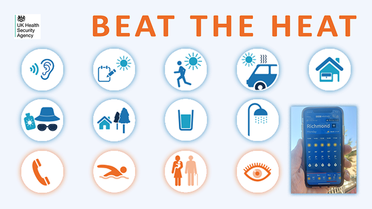 Beat the Heat banner contains 13 icons representing steps to stay cool in the summer