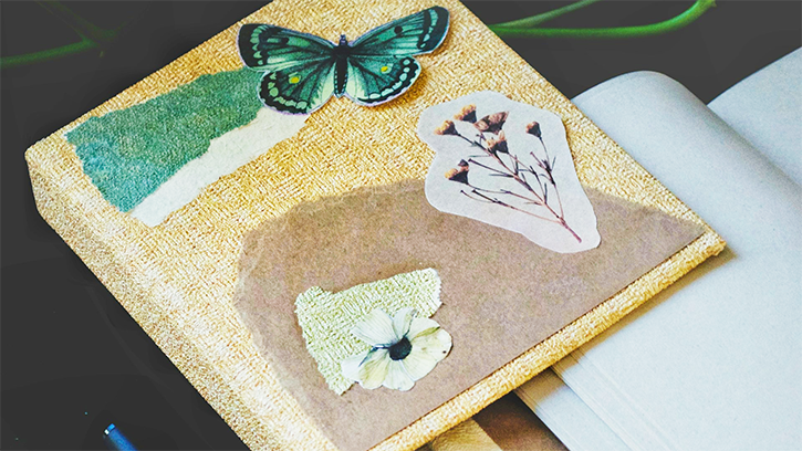 Image of a diary cover with handmade decorations. Blank paper inserts can be seen from within the cover