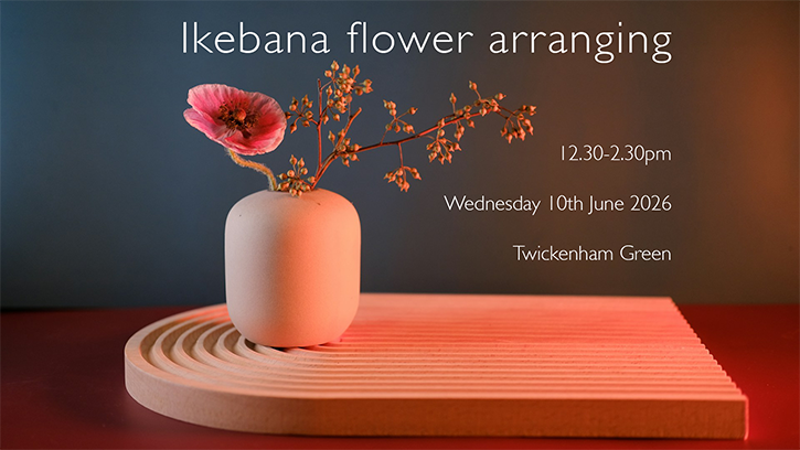 Ikebana flower arranging workshop with Richmond Carers Centre June 2026. Image shows a white vase with a pink flower in it.