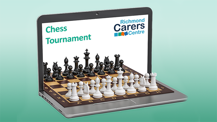 Richmond Carers Centre Chess tournament. Image shows a laptop with a chess board emerging from the screen