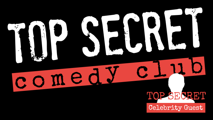 The Top Secret Comedy Club logo. Includes a silhouette of a human bust with a tagline Celebrity Guest