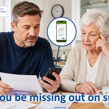 Photo of a middle-aged Caucasian man sat at a kitchen table with and older woman. The two are sorting through documents. The man is holding up a single sheet of paper in one hand and a mobile phone in the other. The phone has an arrow pointing to an information bubble containing an image of the AI Carers Support chatbot. The headline reads, “Could you be missing out on support?” The image includes the London Borough of Richmond logo and the Richmond Carers Centre logo.