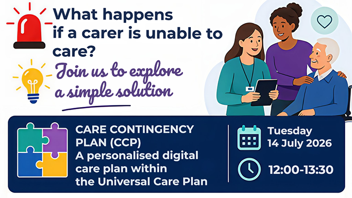 Carer Contingency - From concept to accessible practice workshop banner. Illustration shows a female medic talking to an elderly gentleman in a wheelchair and his carer. Headline reads What happens if a carer is unable to care?