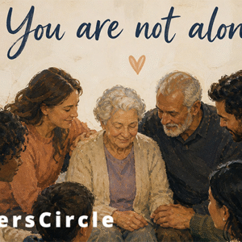 CarersCircle free digital platform for carers banner. Illustration of a family providing care to an elderly woman.