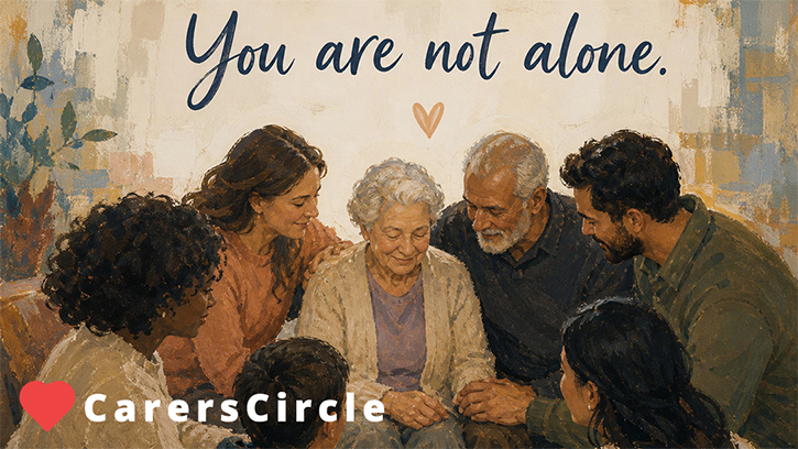 CarersCircle free digital platform for carers banner. Illustration of a family providing care to an elderly woman.