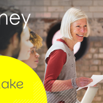 Crosslight - The Money Course - Mortlake banner. Image show a group of people with the focus on a smiling woman holding a sheet of paper