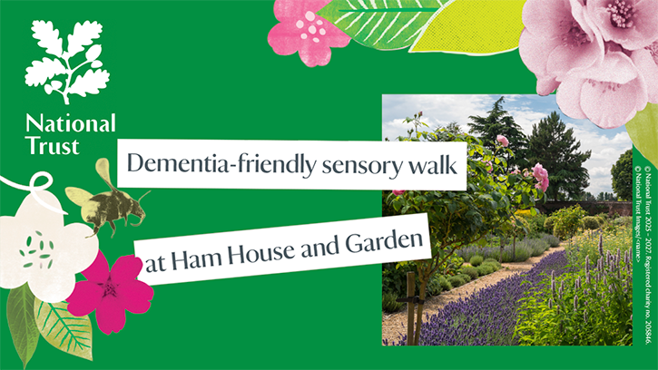 Ham House Blossom dementia friendly walk banner. Green background with the National Trust logo. Image of Ham House Gardens, decorated with flowers.