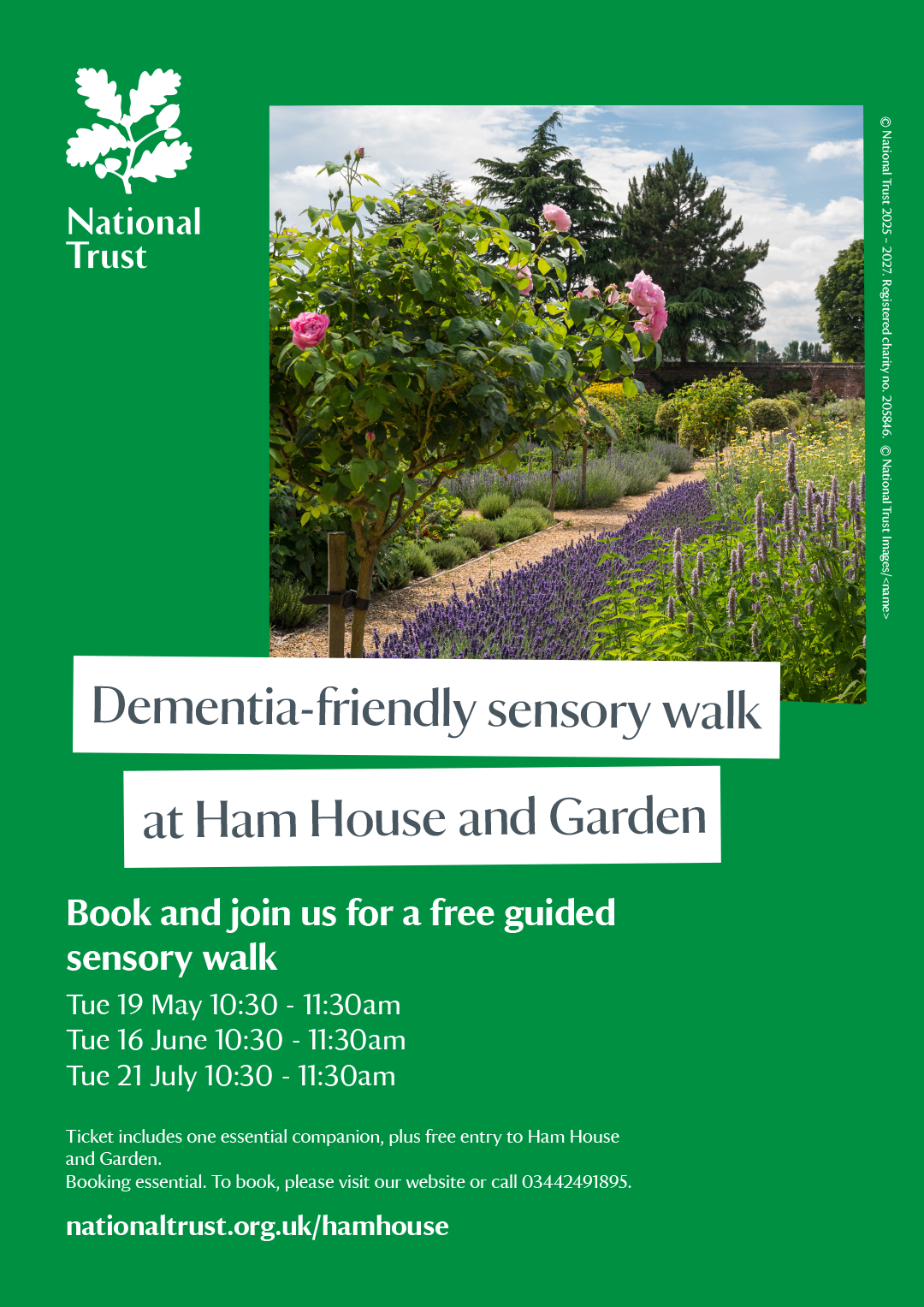 Ham House Blossom dementia friendly walk flyer. Green background with the National Trust logo. Image of Ham House Gardens, decorated with flowers.