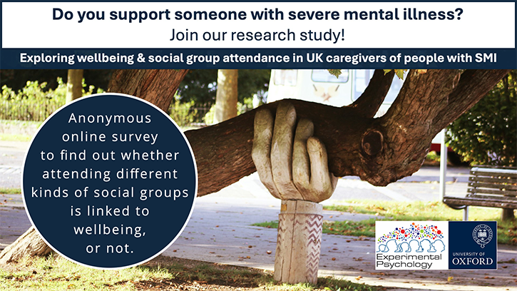 Oxford University research into the wellbeing of UK caregivers of people with severe mental illness banner. Image of a tree being supported by a large hand carved from wood