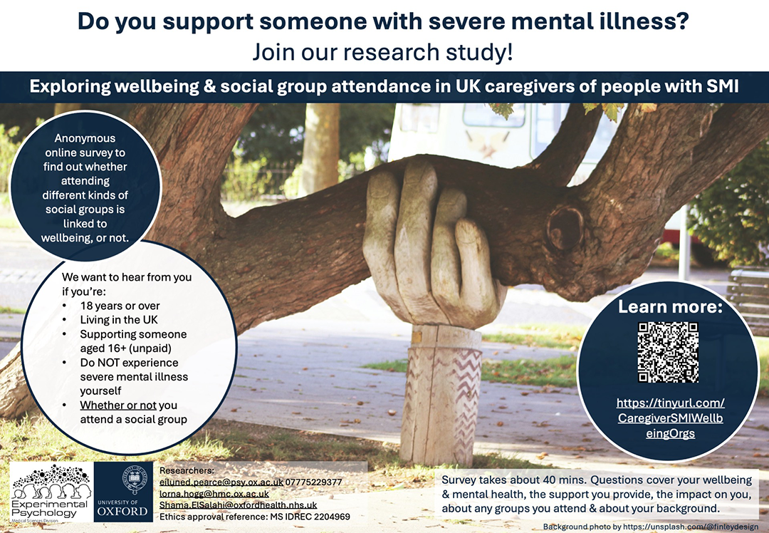 Oxford University research into the wellbeing of UK caregivers of people with severe mental illness poster. Image of a tree being supported by a large hand carved from wood. Written information about the study in contained around the poster