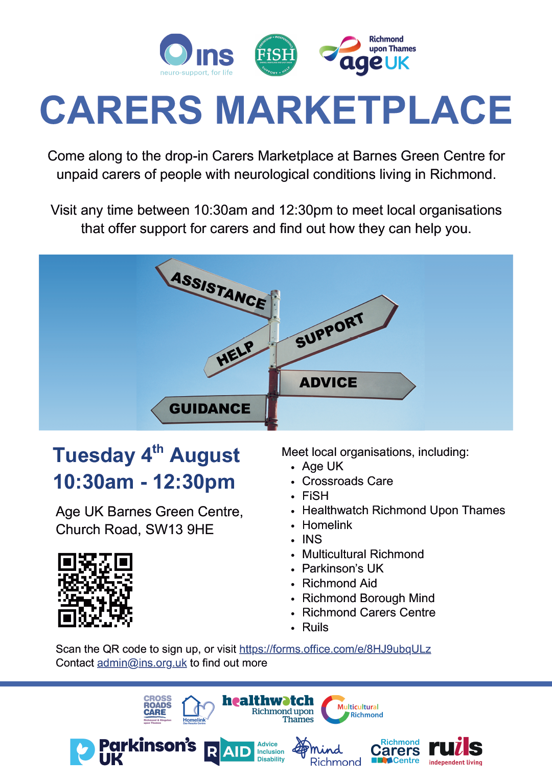 Barnes carers marketplace 2026 flyer. Image shows a signpost pointing to Assistance, Support, Help and Advice. The banner includes logos for Integrated Neurological Services, Age UK Richmond upon Thames, FISH Neighbourhood Care, Crossroads Care Richmond & Kingston, Homelink - Whitton, Healthwatch Richmond-upon-Thames, Multicultural Richmond, Parkinson's UK, Richmond Borough Mind, Richmond Carers Centre, Ruils - Independent Living.