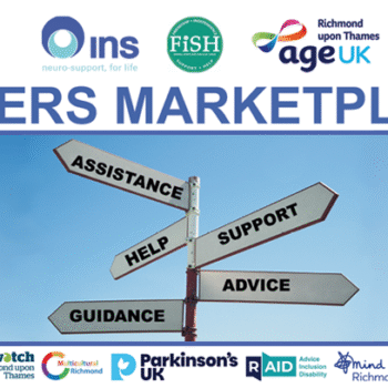 Barnes carers marketplace 2026 banner. Image shows a signpost pointing to Assistance, Support, Help and Advice. The banner includes logos for Integrated Neurological Services, Age UK Richmond upon Thames, FISH Neighbourhood Care, Crossroads Care Richmond & Kingston, Homelink - Whitton, Healthwatch Richmond-upon-Thames, Multicultural Richmond, Parkinson's UK, Richmond Borough Mind, Richmond Carers Centre, Ruils - Independent Living.