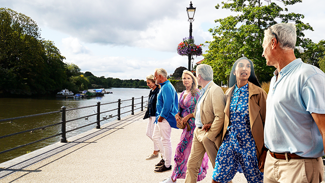 Net-Walking – Walk Talk Connect. Group of middle-aged people walking next to Twickenham riverside