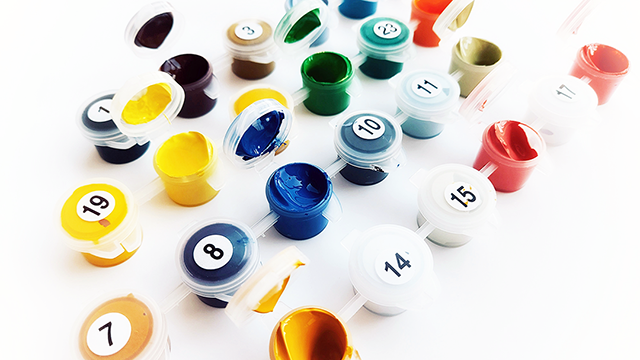 Sip-n-Paint - Coffee Colour Calm. Colourful paint pots displayed on a white background, with numbers on them.