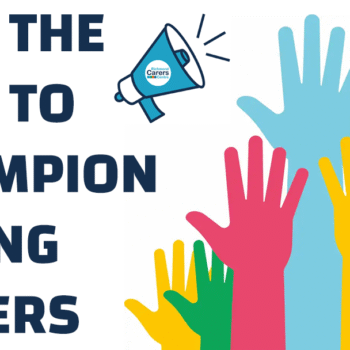 Join the call to champion young carers in 2026 banner. Image shows a bunch of hands raised in the air. There is also a megaphone with the Richmond Carers Centre logo to indicate making your voice heard.