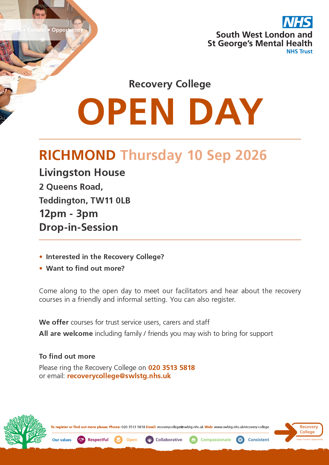 Recovery College Open Day Poster Richmond - Autumn 2026. Image shows a large translucent arrow with a group of young people sat around a table in the background