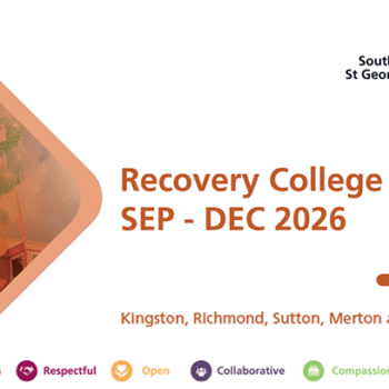 Recovery College course programme - Autumn 2026 - banner. Image shows a large translucent arrow with a large net of balloons in the background