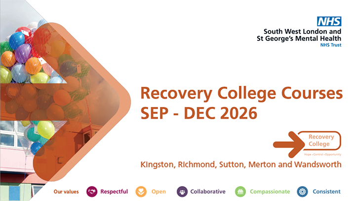 Recovery College course programme - Autumn 2026 - banner. Image shows a large translucent arrow with a large net of balloons in the background