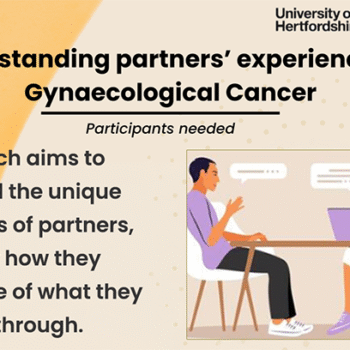 Research - partners affected by gynaecological cancer banner. This research aims to understand the unique experiences of partners, specifically how they make sense of what they have lived through. There is an illustration of a young man being interviewed by a female.
