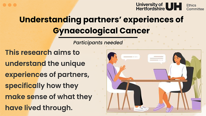 Research - partners affected by gynaecological cancer banner. This research aims to understand the unique experiences of partners, specifically how they make sense of what they have lived through. There is an illustration of a young man being interviewed by a female.
