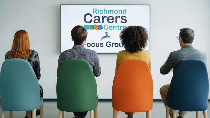 An image of 4 people sitting in chairs (colour coordinated with the Richmond Carers Centre logo colours), facing a presentation screen with the title Richmond Carers Centre Focus group displayed on it.
