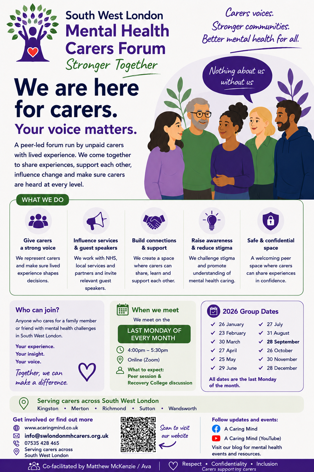South West London Mental Health Carers Forum poster. Illustration shows a diverse group of people in discussion. Caption reads We are here for carers. Your voice matters. Poster includes forum dates and a QR code to visit the website.