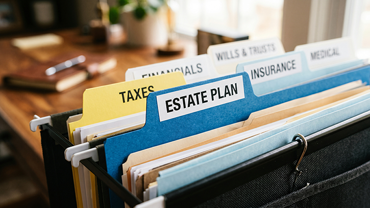 Estate plan file folder organised within hanging office filing cabinet for legal document management.