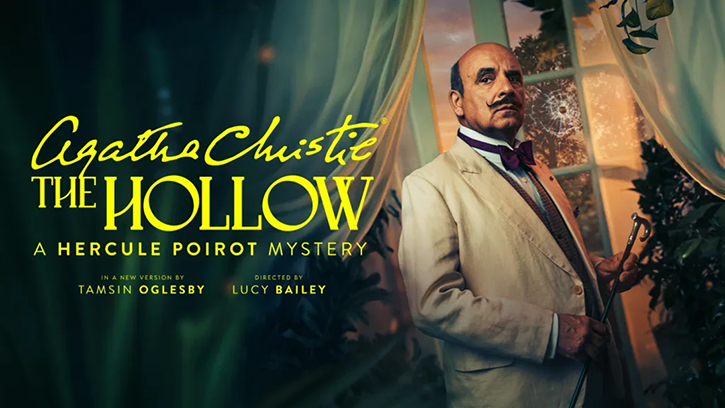 Agatha Christie's The Hollow promotional poster. The character in the image is balding, moustached and wearing a white tuxedo with a bow tie. He stands in front of a vintage window that has a bullet hole in it.