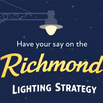 A lit street lamp with a dark blue background with stars to denote the night sky. The caption reads, Have your say on the Richmond Lighting Strategy