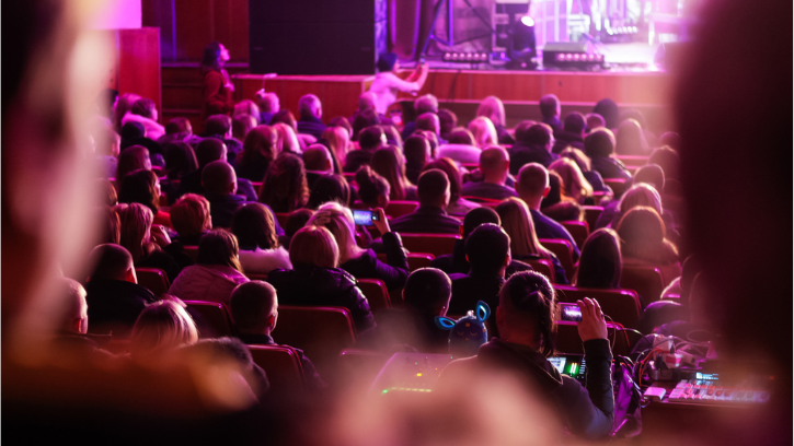 a view form the back of an audience watching a show at the theatre. The back of their heads lit pink by the show lights