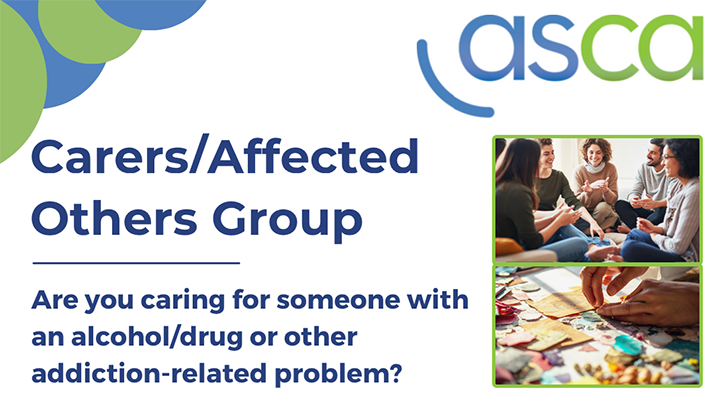 ASCA Carers / Affected Others Group Richmond Carers HUB banner. Images show a group in discussion and two hands engaged in therapeutic activity