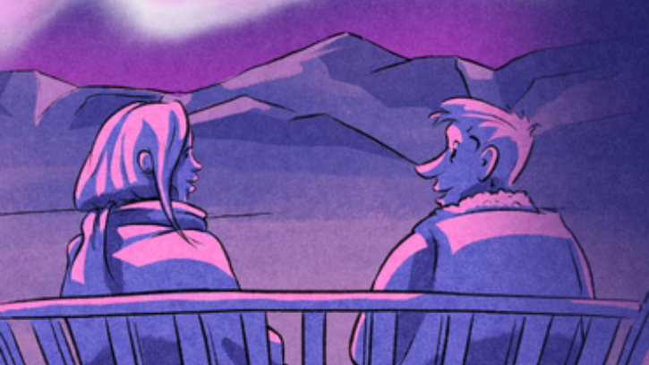 Almost Maine show banner pictures two cartoon individuals sitting on a bench. They face each other, overlooking mountains
