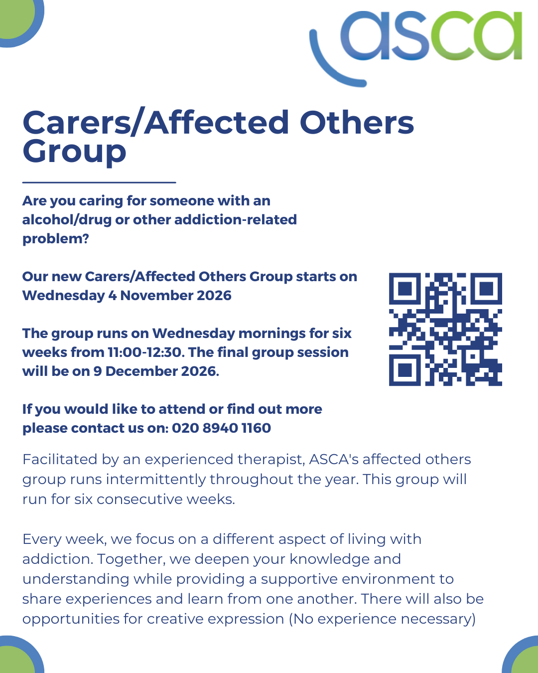 ASCA Carers / Affected Others Group Richmond Carers HUB flyer. Flyer includes a QR code