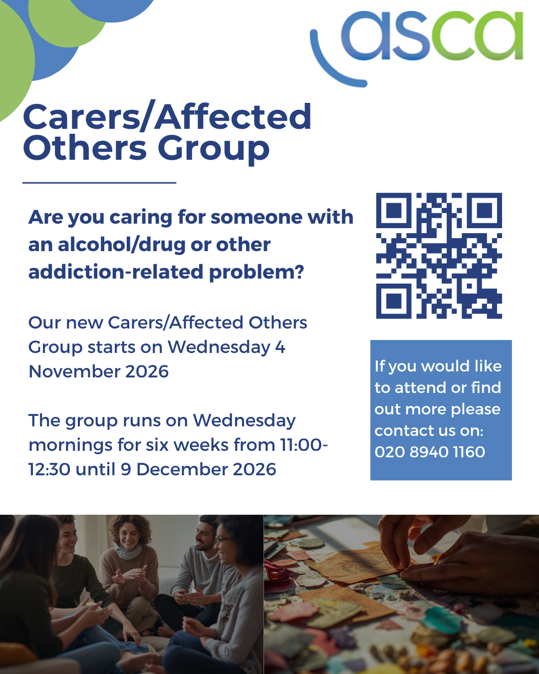 ASCA Carers / Affected Others Group Richmond Carers HUB flyer. Images show a group in discussion and two hands engaged in therapeutic activity. Flyer includes a QR code