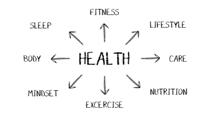 Holistic health diagram shows fitness, lifestyle, care, nutrition, exercise, mindset, body and sleep all being connected